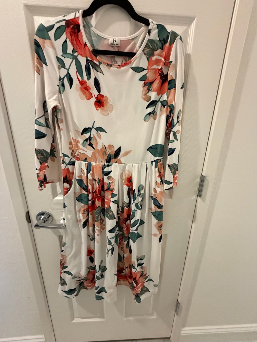 JessaKae White Midi Dress with Coral and Teal Floral Print
